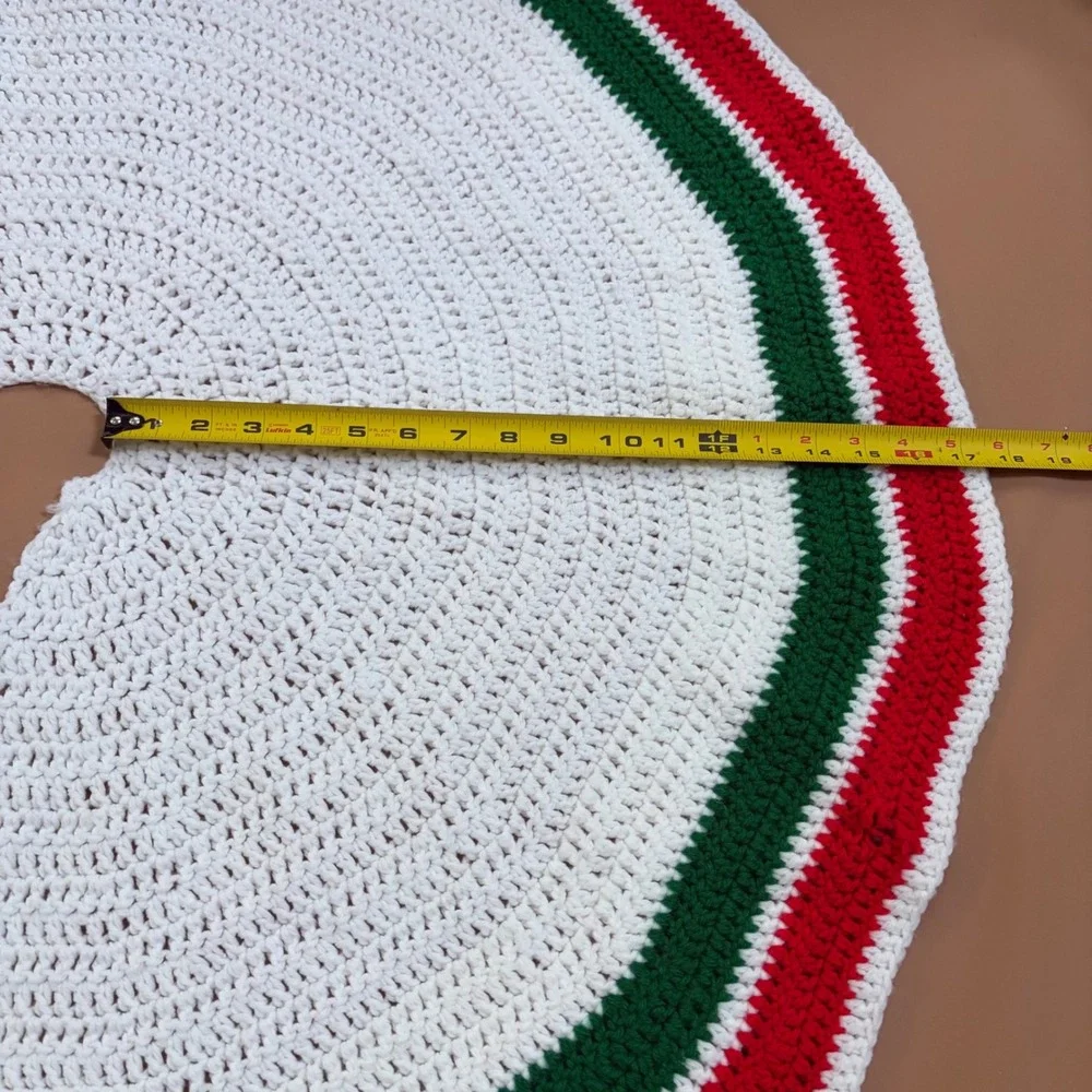 Handmade Crochet Christmas Tree Skirt White Red Green Striped Holiday Decor